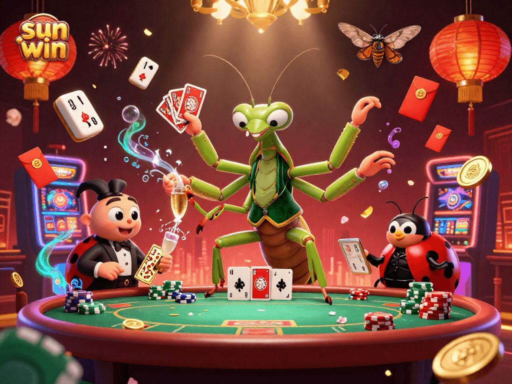 Experience the excitement of sun win with a vibrant casino scene featuring unique characters and game elements.