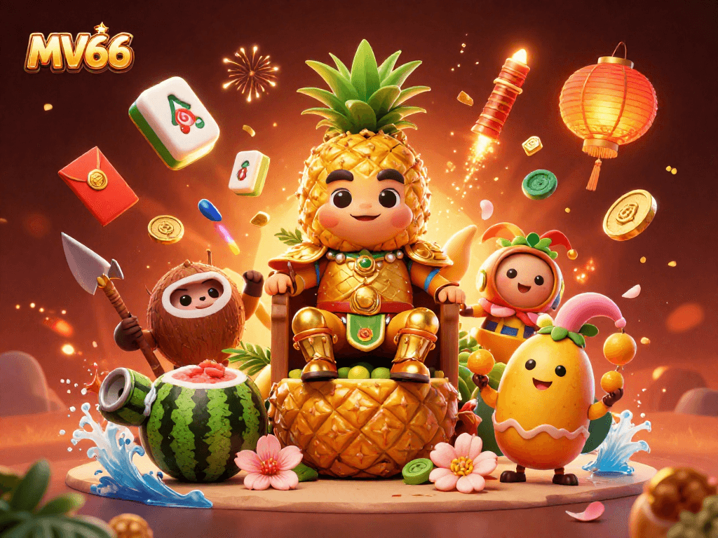 Spin and win with MV66 at the vibrant beach casino, featuring the golden pineapple king and his dazzling entourage.