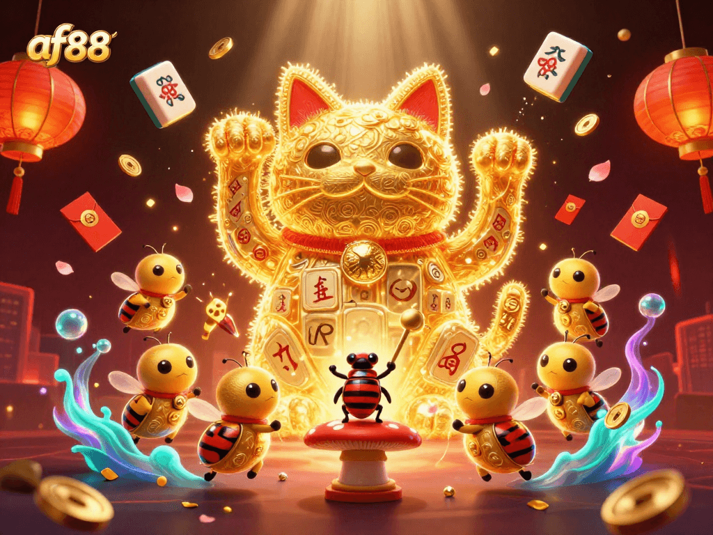 Experience the excitement at af88 as a golden lucky cat waves amidst vibrant slot symbols.