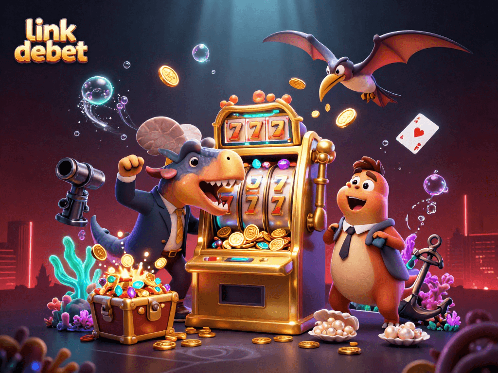 Link debet showcases a vibrant 3D scene of animated dinosaurs celebrating a jackpot at a casino.