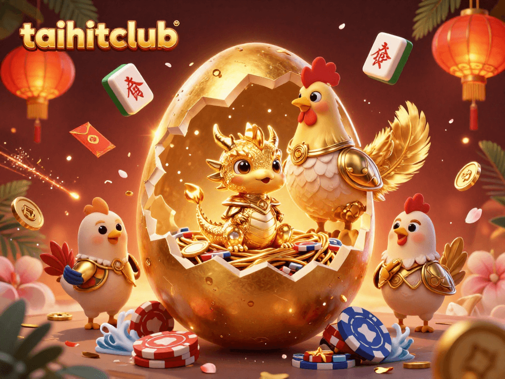 Experience the thrill at taihitclub with golden dragon treasures, poker chips, and rich decorations.