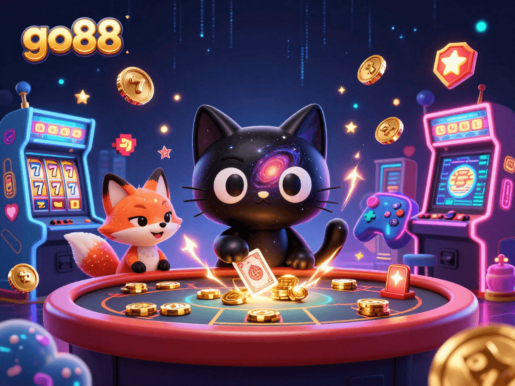 Experience the cosmic charm of go88 as the black hole cat attracts casino winnings with vibrant slot elements.