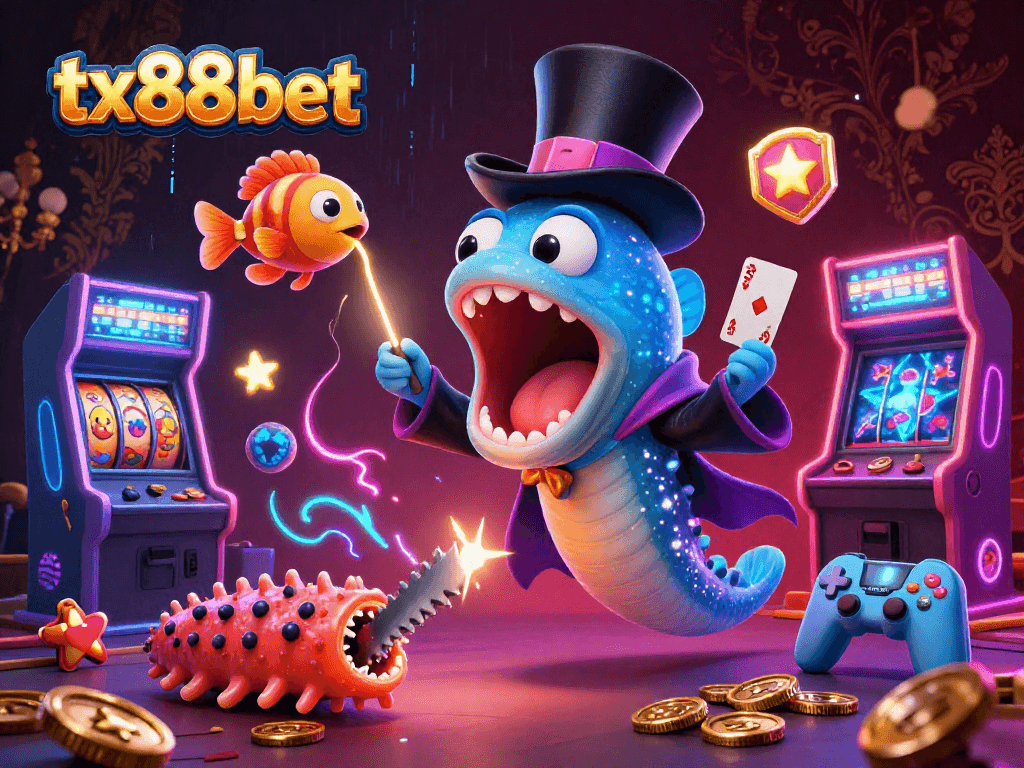 Engage with tx88bet's magical gaming scene featuring a deep-sea eel, anglerfish, and colorful casino elements.