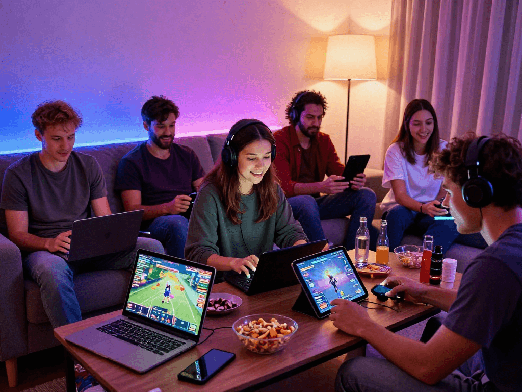 Engaged players enjoying online porn games in a cozy setting with multiple devices