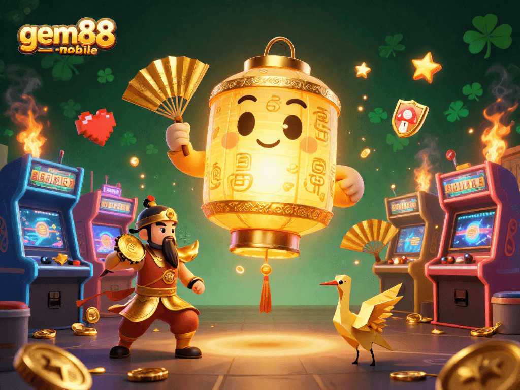Experience thrilling gameplay at gem88-mobile with a luminous golden lantern spirit amidst vibrant arcade action.