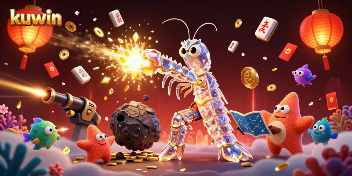 Kuwin fish shooting game concept with vibrant 3D characters, golden gems, and coral elements.