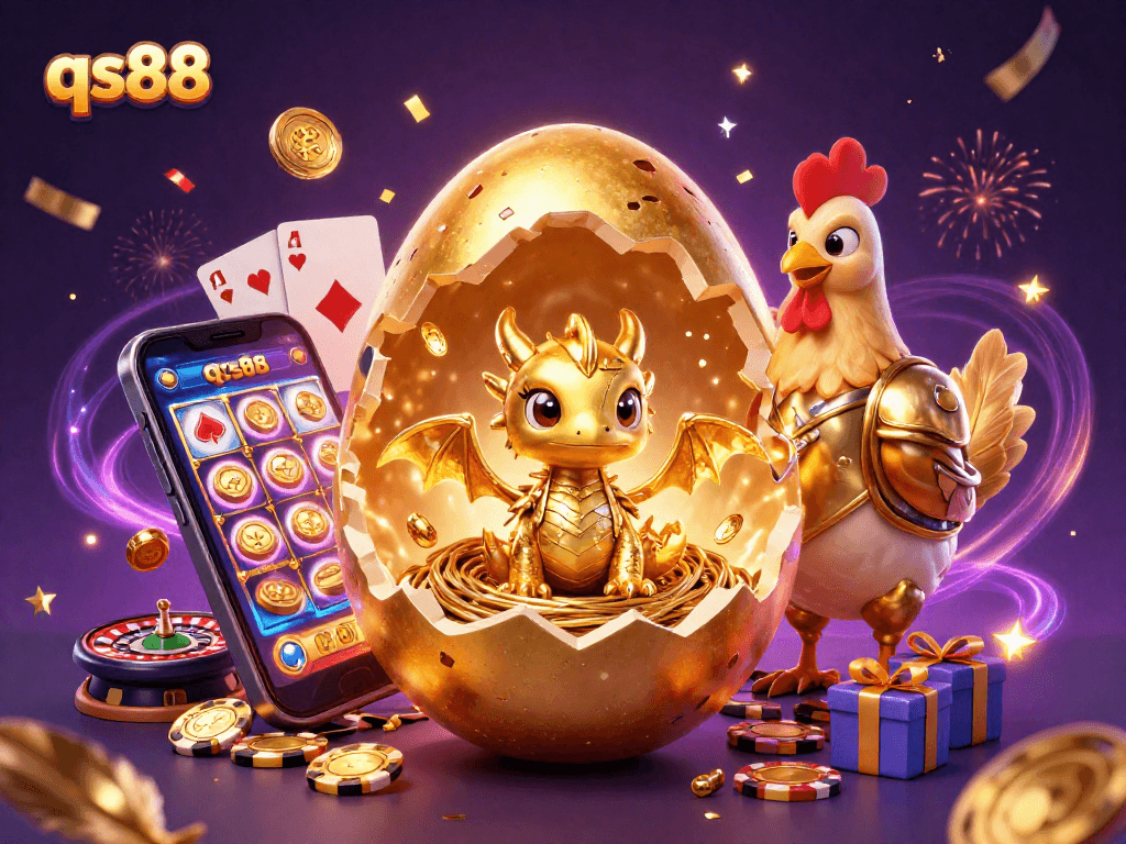 Experience the excitement of qs88 with a baby dragon and poker chips in a stunning casino scene.