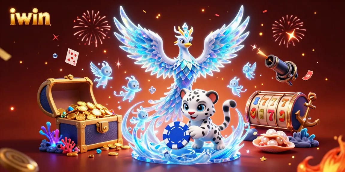 Join the fun at iwin with an engaging 3D casino illustration featuring celebrating characters and vibrant game elements.