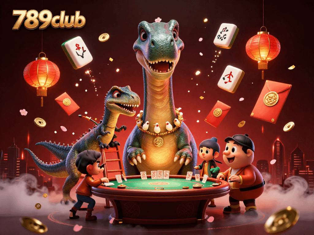 Experience the excitement of 789club with a playful brontosaurus and clever raptor in a lively casino setting.