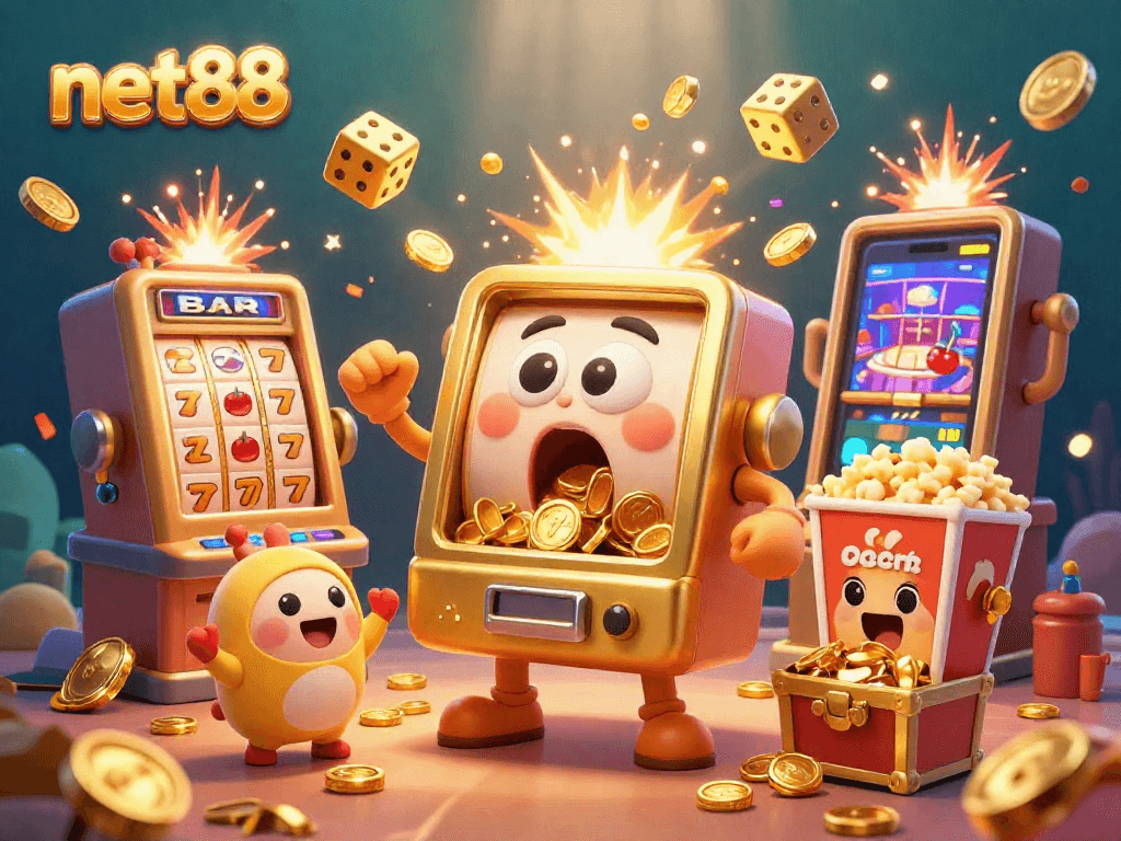 Activate big wins with net88 during a festive jackpot celebration featuring playful slot machines and casino elements.