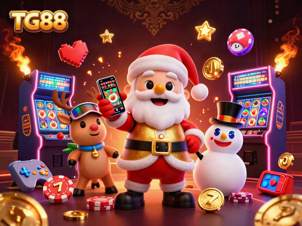 TG88 showcases a lively casino scene with Santa, reindeer, and snowman amid colorful gaming excitement.