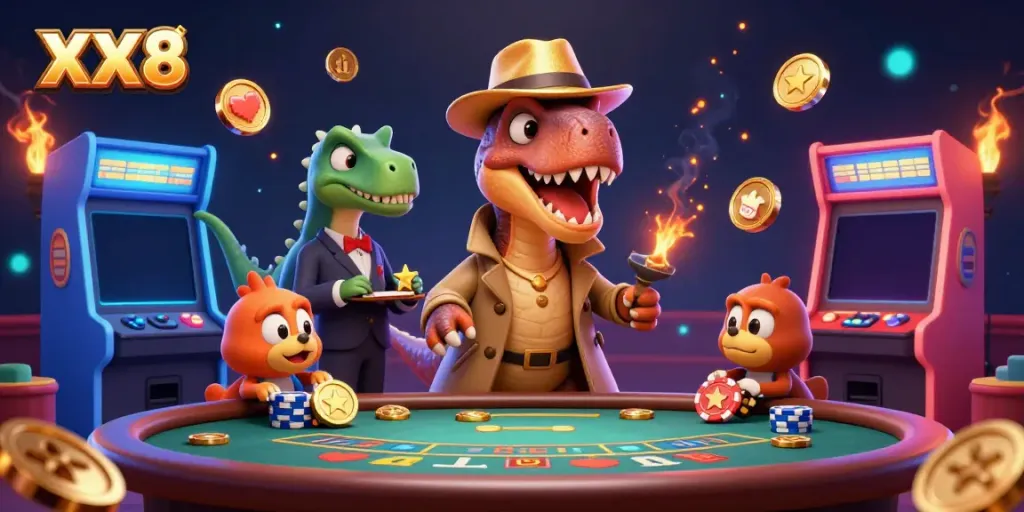 Experience the thrill of gaming at XX8 with our exciting characters at the blackjack table.
