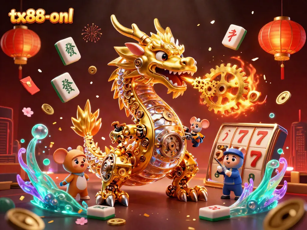 Experience thrilling games at tx88-onl with a vibrant 3D casino-themed illustration showcasing dragon and gaming elements.