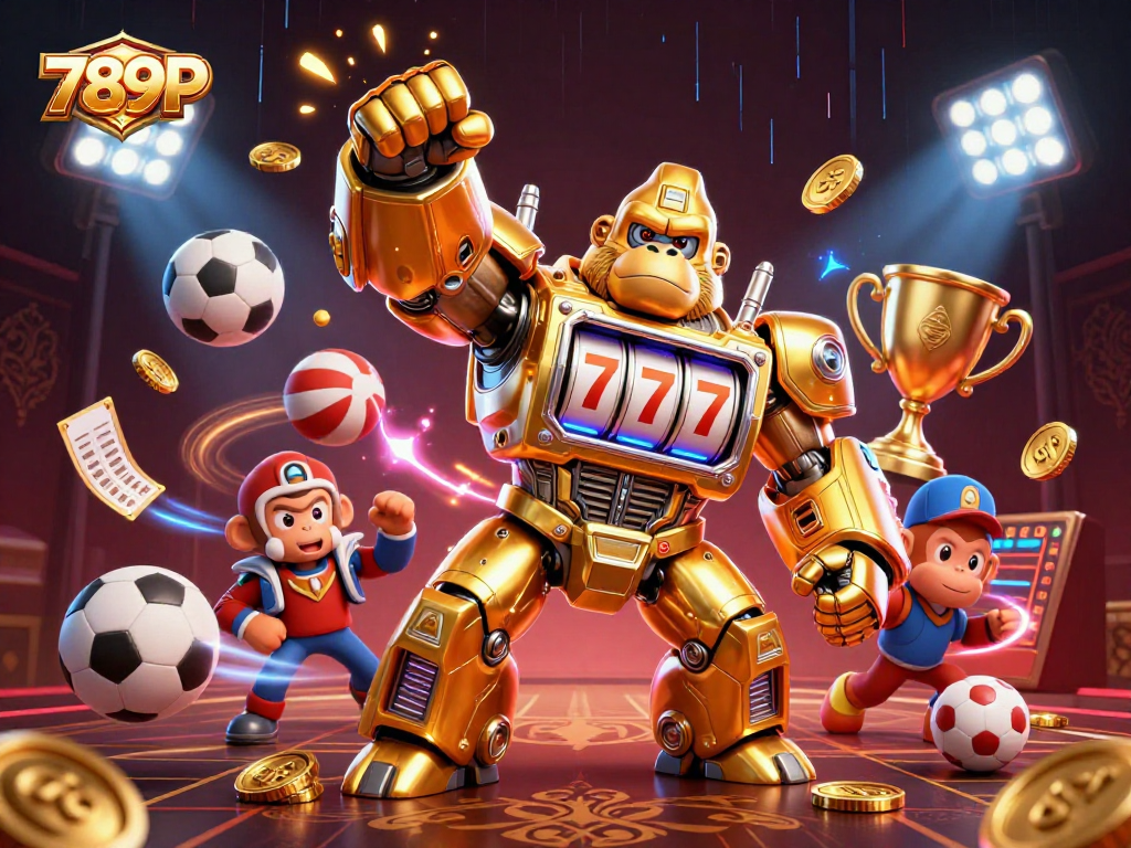 Experience the excitement of 789P with a dynamic scene featuring a golden gorilla mech and sports elements.
