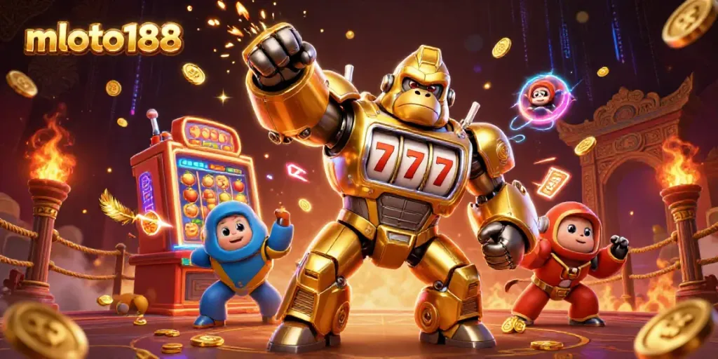 Engage in thrilling slot gaming with mloto188's dynamic transformer-style gorilla mech illustration.