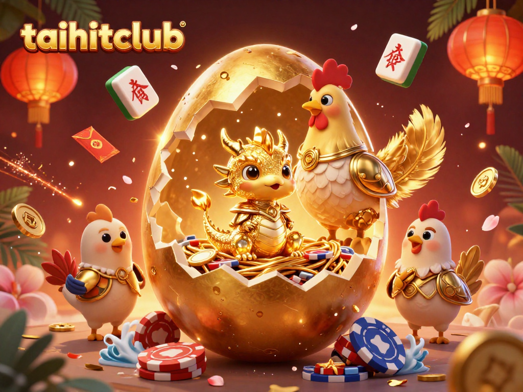 Experience the thrill at taihitclub with golden dragon treasures, poker chips, and rich decorations.