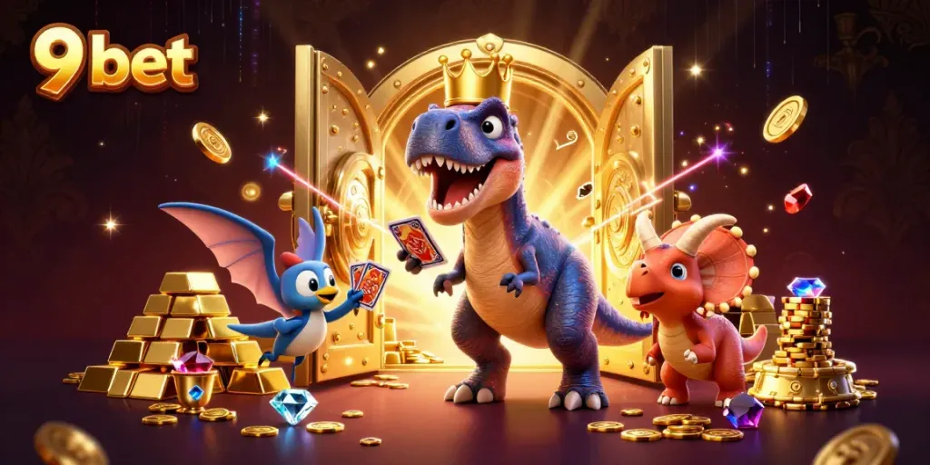 Experience winning thrills at 9 bet with a T-Rex card game scene full of gold treasures.