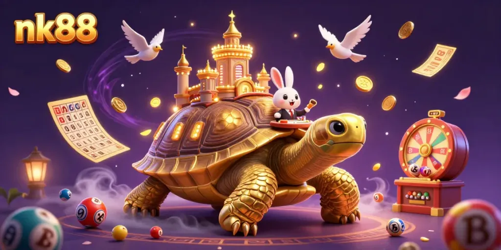 Experience exciting gaming moments at nk88 with a vibrant 3D casino scene full of colorful lottery balls and fortune.