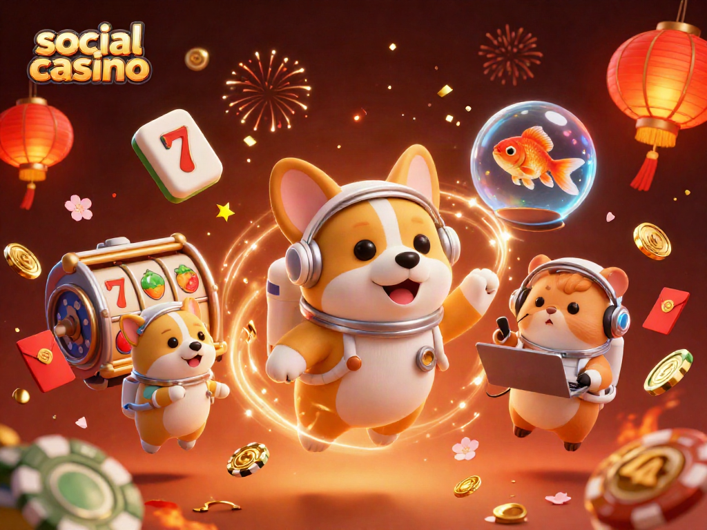 Experience the excitement of social casino gaming in a dynamic space-themed scene.