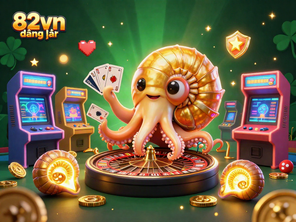 Engage with 82vn đăng nhập featuring a colossal nautilus wheel, vibrant arcade aesthetics, and golden light.