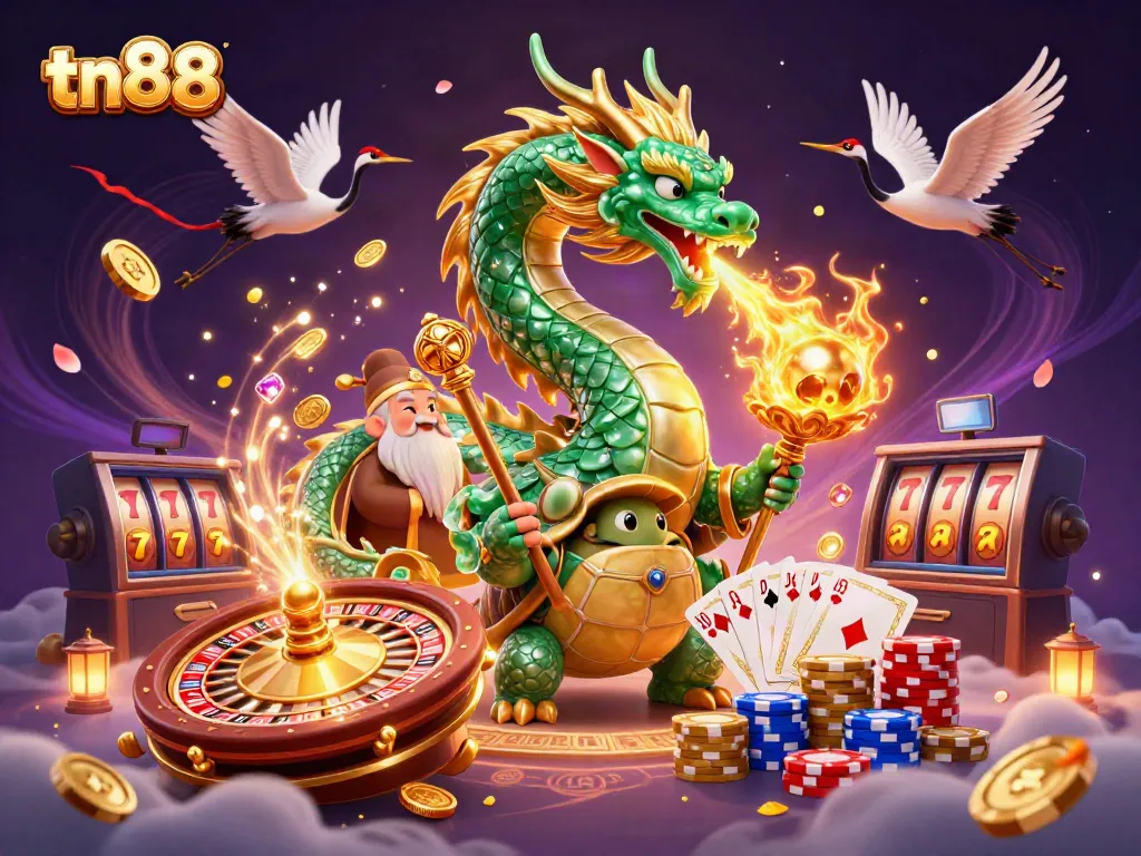 Experience thrilling gambling action with tn88 featuring a dragon, turtle sage, and lucky cranes in a vibrant casino world.