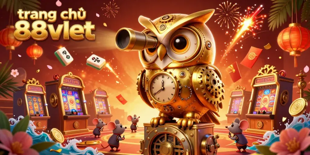 Experience the thrill of slots at trang chủ 88vbet with an intricate owl and vibrant casino scene.