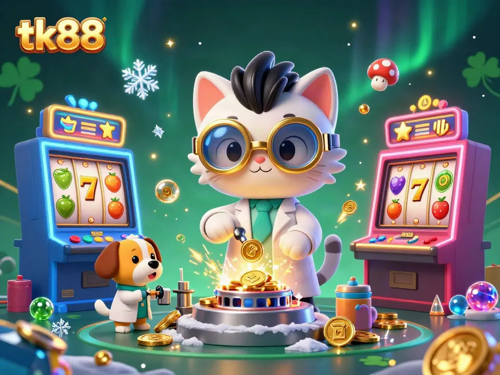 Engage with tk88's casino excitement featuring a mad scientist cat and loyal dog amidst gold coin action.
