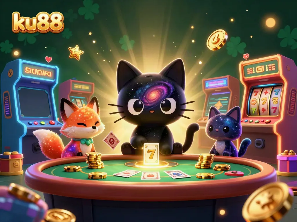 Experience the captivating world of ku88 with a fantastical cat and fox in a cosmic casino.