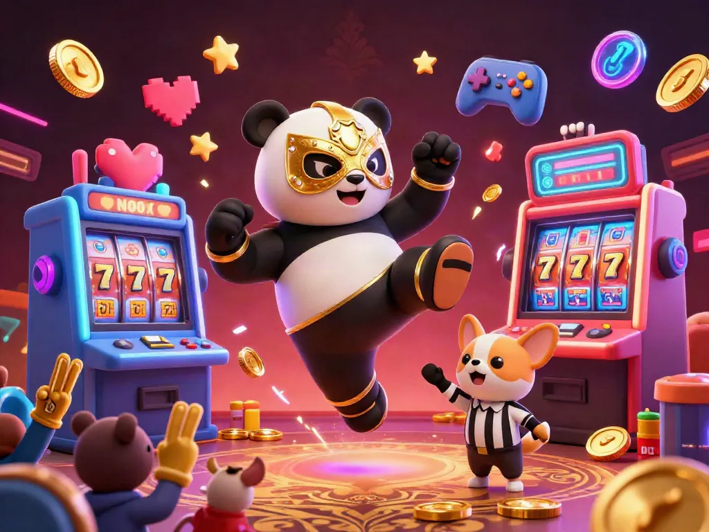Experience thrilling s666 gaming with a panda wrestler in action amid colorful slot machines and cheering animal fans.