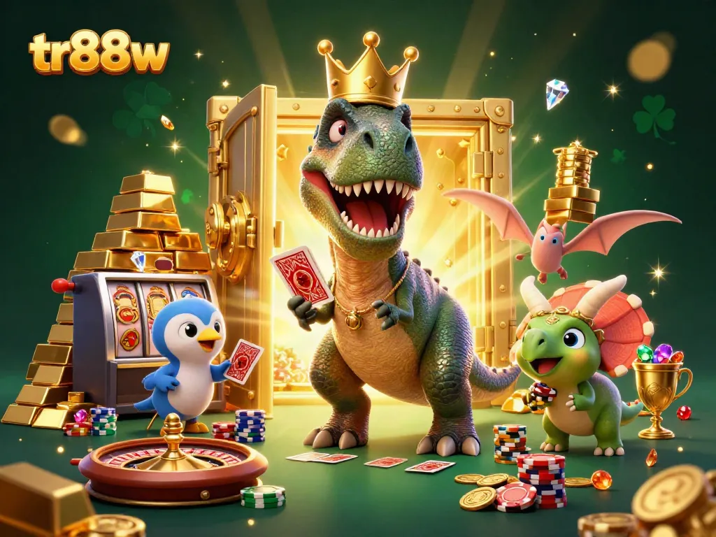 Experience thrilling wins with tr88w's vibrant casino adventure featuring a T-Rex and friends.