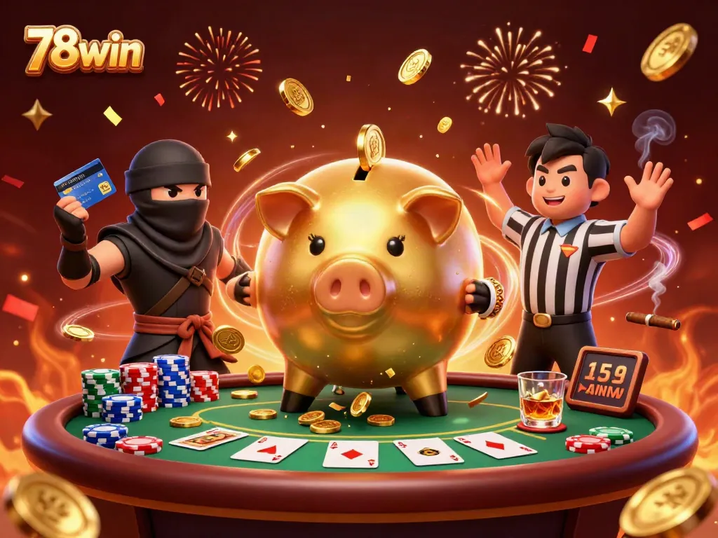 Join the excitement at 78win with a golden piggy bank sumo wrestler showcasing a thrilling poker showdown.