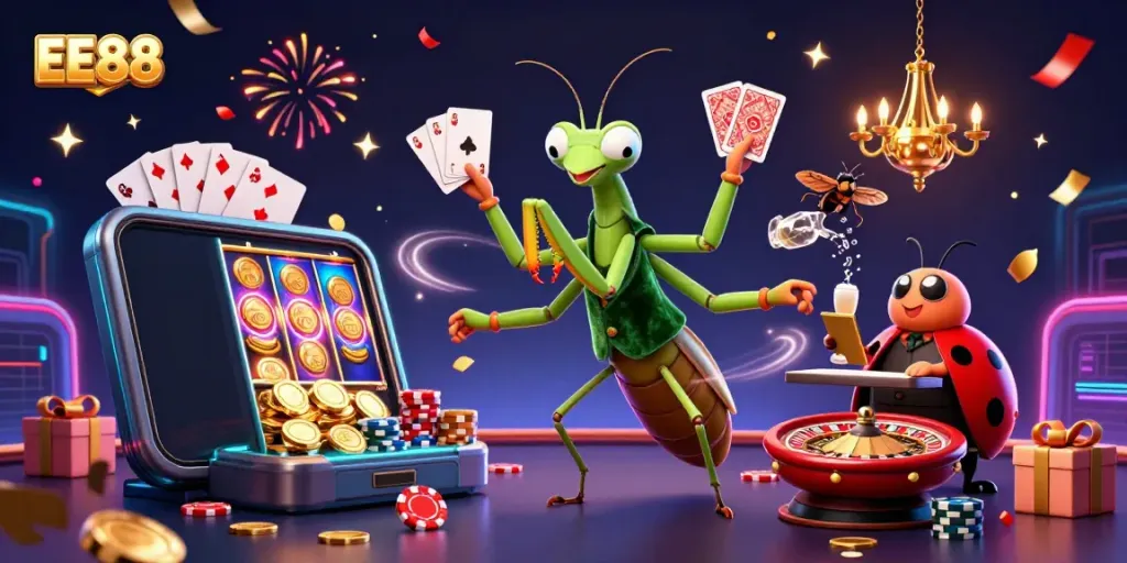 EE88's vibrant cartoon scene showcases a giant praying mantis dealer, ladybug pit boss, and dynamic casino elements.