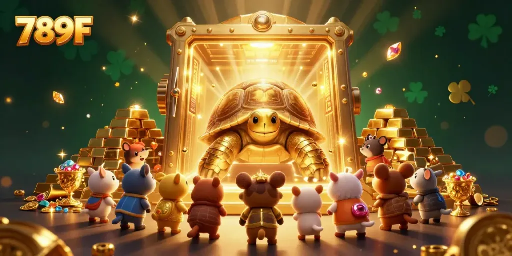 Experience winning moments with 789F, an exciting scene of a colossal golden tortoise and treasure vault.