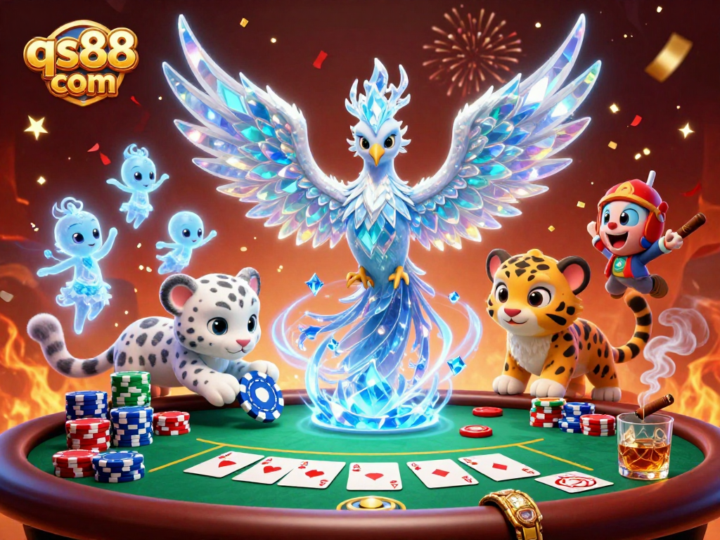 Win big at qs88 com with this vibrant 3D casino scene featuring ice phoenix and poker action.