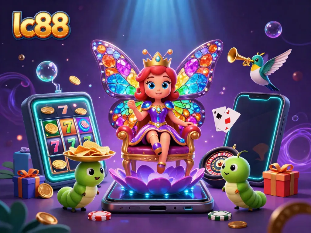 Experience the excitement at lc88 with a lively casino scene featuring a butterfly queen, games, and vibrant energy.