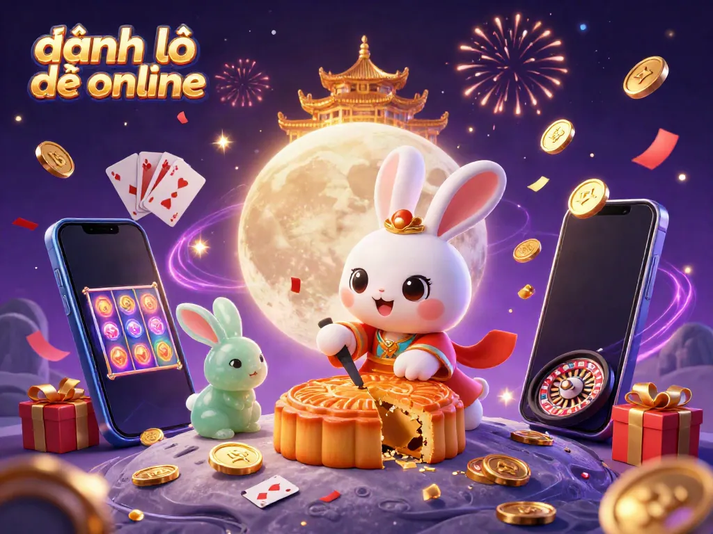 Engaging illustration of đánh lô đề online featuring lucky moon rabbit and gaming elements on the lunar surface.