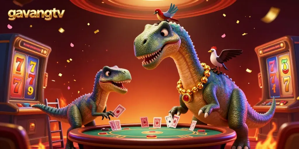 Play exciting slots and cards in a vibrant casino setting with GavangTV's unique 3D characters.