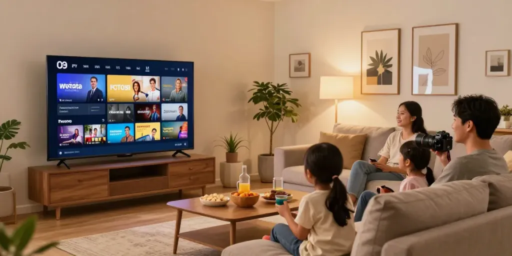 Family enjoying IPTV USA entertainment in a cozy living room.