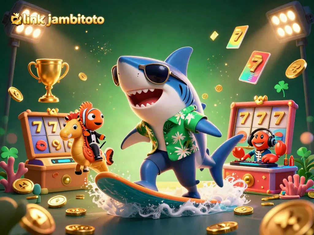 Engage with link jambitoto in a vibrant 3D casino scene featuring a shark, clownfish, and crab amidst gold coins and slot reels.