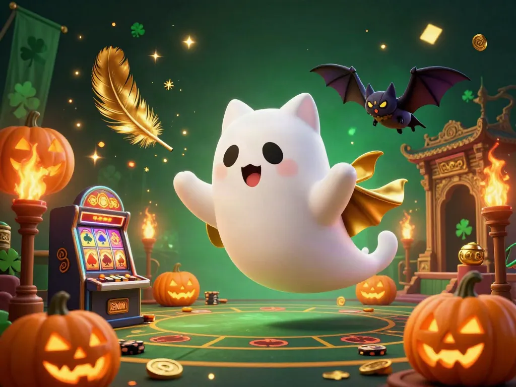 Experience the thrill of 78win with a floating ghost cat and golden poker-themed pumpkin decor in a haunted casino.