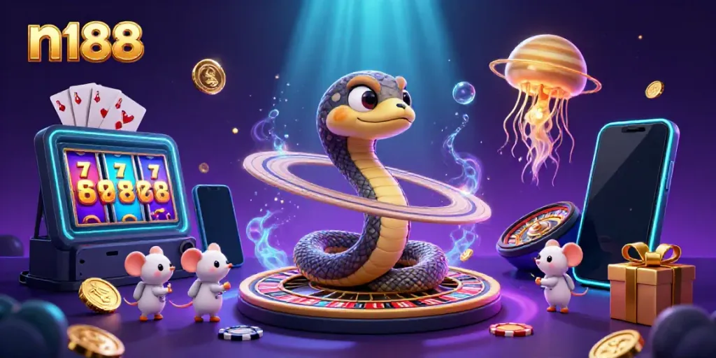 Engage in fun with n188's cosmic casino featuring a Saturn ring snake and astronaut mice betting.