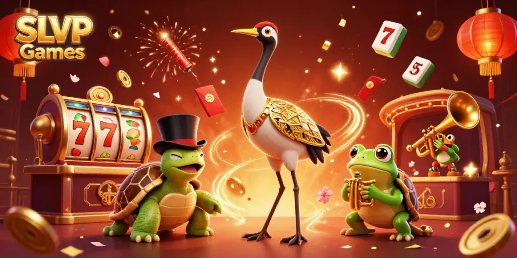 Engage with SLVIP Games featuring vibrant characters in a 3D casino scene with slots and celebrations.