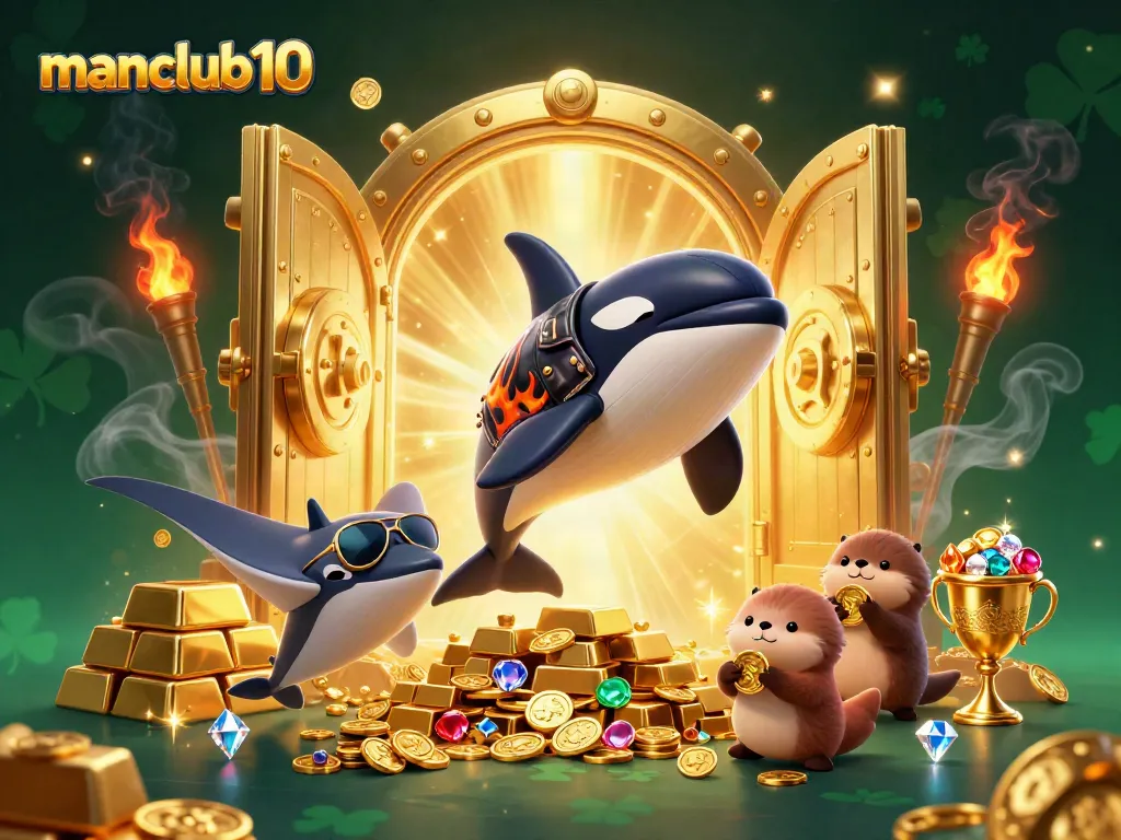 Win luxuriously with manclub10 in a vibrant, detailed casino-inspired scene featuring joyous aquatic characters.