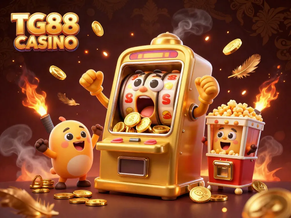 Experience excitement with TG88 CASINO's golden slot machine winning a jackpot, surrounded by cheering baby slots and golden coins.