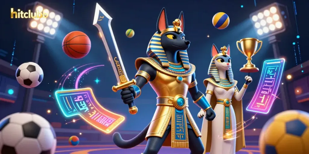 Experience thrilling gameplay at hitclubb with an Egyptian warrior and vibrant sports elements.