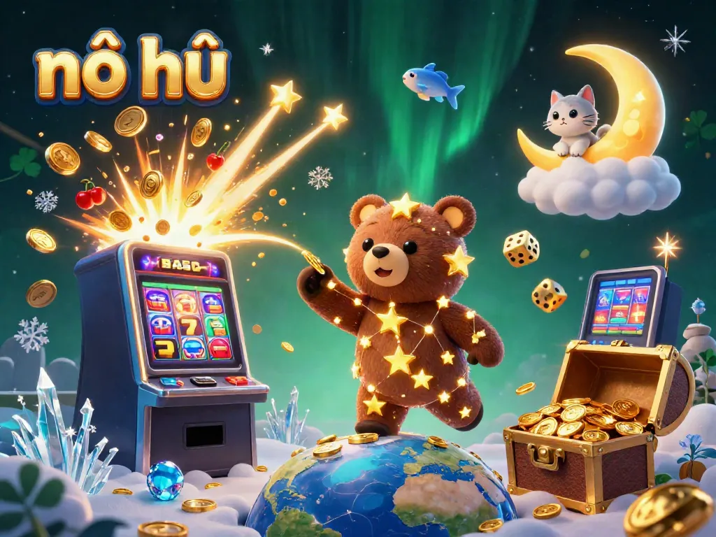 Experience thrilling nổ hũ gameplay with a cosmic bear and jackpot actions in this vibrant illustration.
