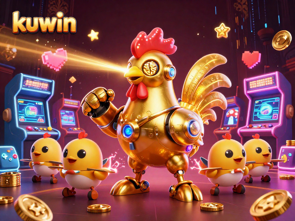 Engage with kuwin's vibrant betting atmosphere featuring a golden rooster robot and arcade games.