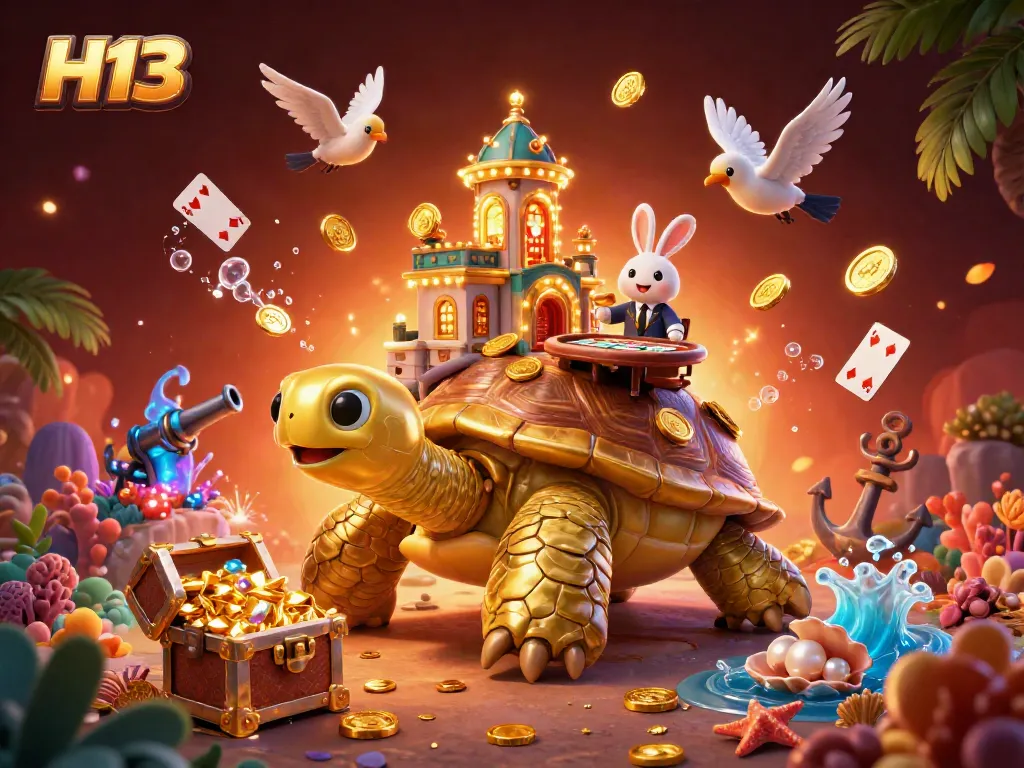 Experience the vibrant H13 casino world with tortoises, dealers, and coins in a thrilling underwater scene.