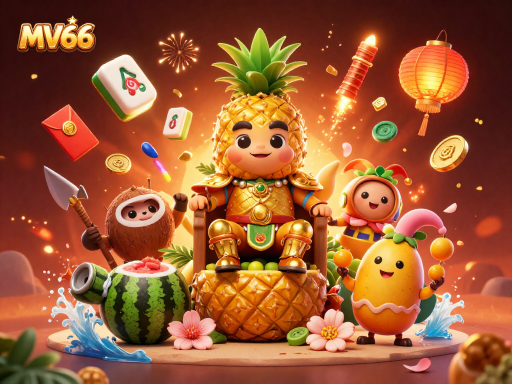 Spin and win with MV66 at the vibrant beach casino, featuring the golden pineapple king and his dazzling entourage.