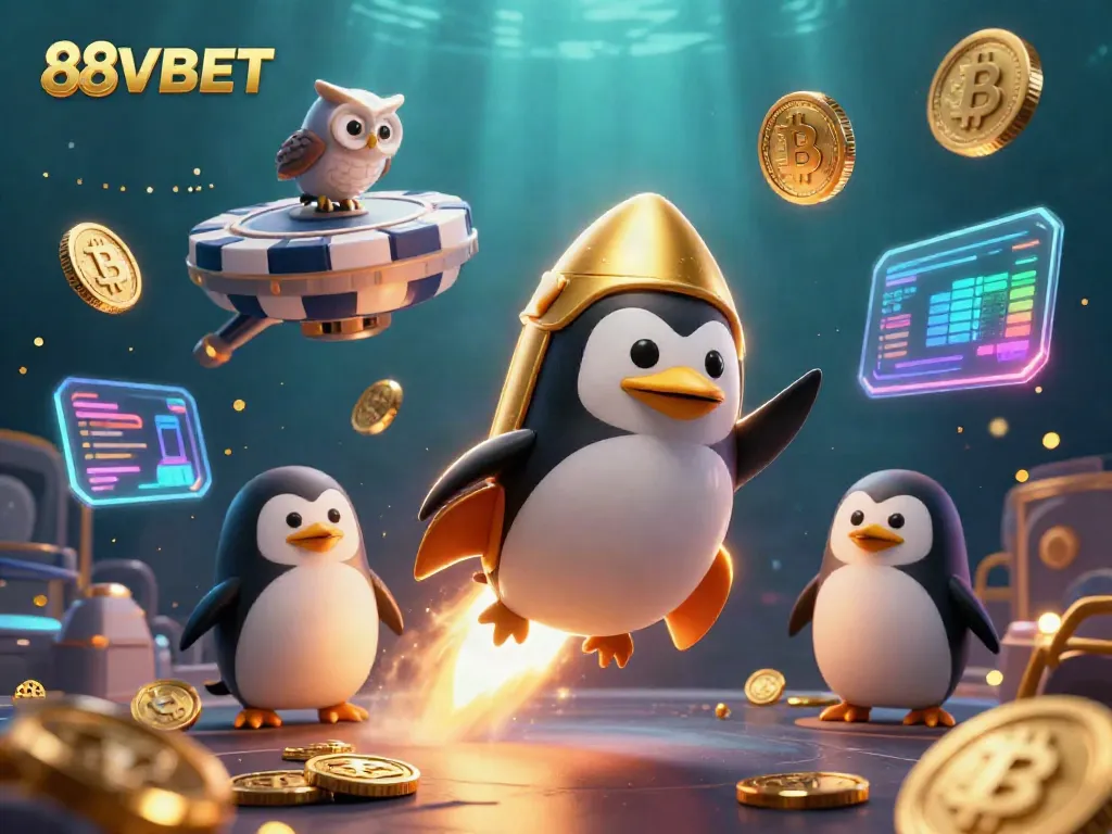 Experience the thrilling universe of 88VBET with a golden penguin soaring towards a striking poker chip casino.